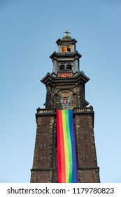 The Tower Of Westerkerk Church (Westertoren) Was Decorated With Rainbow Flag / Banner Dusring The LGBTI Pride Amsterdam 2018