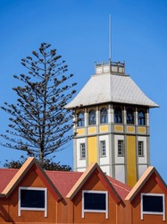 Tower Of The Woermann House, Historical Landmark And Old Architecture In Colonial Style Of Swakopmund City, Namibia. Preserved Houses Of German Period In Southern Africa. 