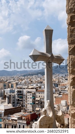 Towering angular cross overlooks bustling Barcelona, evoking Easter processions and La Merce, blending sacred geometry with urban vibrancy