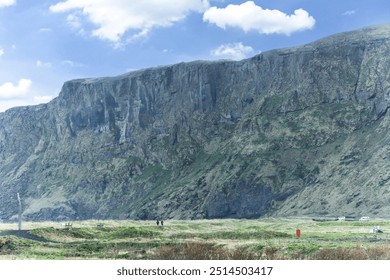 Towering cliffs rise dramatically from the rugged Icelandic coastline. Lush green vegetation contrasts with the stark, rocky terrain. A sense of solitude and natural beauty pervades the scene. - Powered by Shutterstock