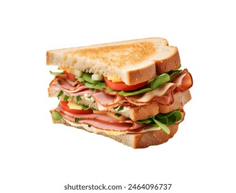 A towering deli sandwich with layers of ham, turkey, cheese, lettuce, and tomato on whole grain bread isolated - Powered by Shutterstock