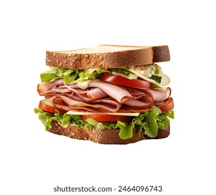 A towering deli sandwich with layers of ham, turkey, cheese, lettuce, and tomato on whole grain bread isolated - Powered by Shutterstock