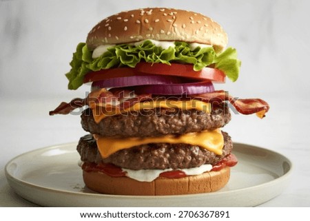 a towering double cheeseburger positioned on a white ceramic plate
