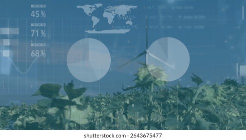 Towering white wind turbine in open farmland, with world map, chart, graph and percentage overlays. Renewable, sustainability, technology, agriculture, data visualization, eco-friendly, modern