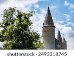 Towers with conical roofs and stone walls of Veves Castle, huge tree with green leaves, sunny day with blue sky and white clouds in Houyet, Namur province, Wallonia, Belgium