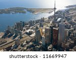 The towers of downtown Toronto, Canada, seen from just above Yonge Street.