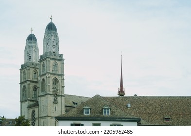 The Towers Of The Grossmünster (great Minster), A Protestant Church In Zürich, Switzerland