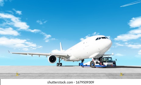 Towing Cargo Airplane To Airport Runway Wide Panorama Landscape With Modern Tow Tractor On Nose Gear Against Clouds Blue Sky Background Aircraft Moving By Truck Airport Overview With Cargo Plane