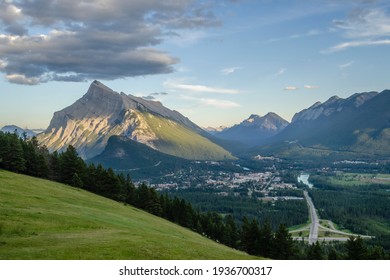 The town of Banff and Mount Rundle and the Bow Valley in Alberta