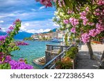 Town of Bellagio Lungolago Europa and lakefront view, Como Lake, Lombardy region of Italy