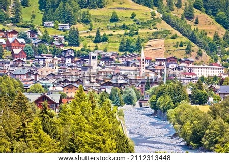 Town of Bormio in Dolomites Alps landscape view, Province of Sondrio, Lombardy, Italy
