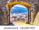 Town of Bruck an der Mur panoramic view through stone gate, Styria state of Austria