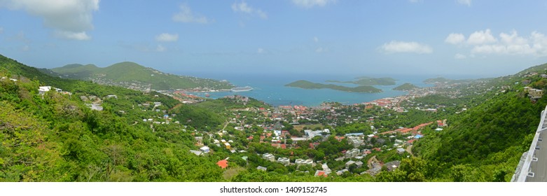 Town of Charlotte Amalie and Long Bay aerial view panorama at Saint Thomas Island, US Virgin Islands, USA.