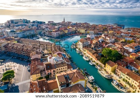 Town of Grado colorful architecture and channels aerial view, Friuli-Venezia Giulia region of Italy