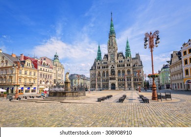 The town hall and the central square in Liberec, Czech Republic
