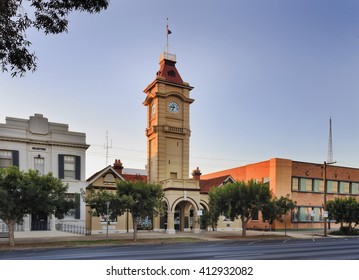 Town Hall Facade Facing Street With Tall Clock Tower At Sunrise In A Small Regional Town Mildura, Of Australia.