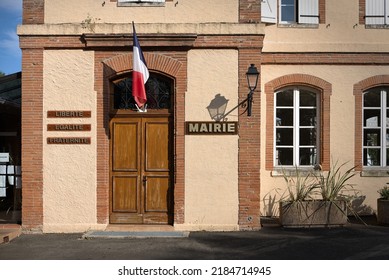 Town Hall Of French Commune, With  National Motto Of France And The Republic Of Haiti: Liberté, égalité, Fraternité And Sign Mairie, For City Hall