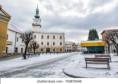 Town Hall In Main Square, Kezmarok, Slovak Republic. Winter Scene. Architectural Theme. Travel Destination.