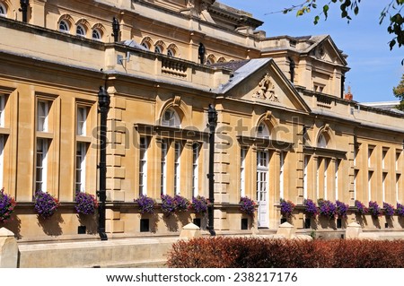 The town hall with pretty window boxes during the Summer, Cheltenham, Gloucestershire, England, UK, Western Europe.