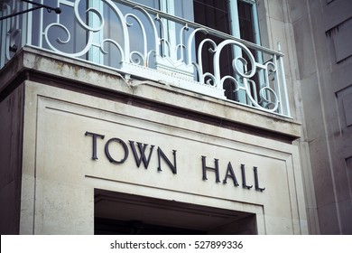 Town hall sign and balcony at local government office
