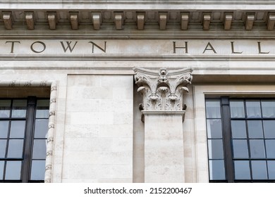 Town Hall Sign On Grand Stone Building Exterior