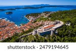 Town in Hvar on the island of Hvar. View of the fortress. Aerial photography