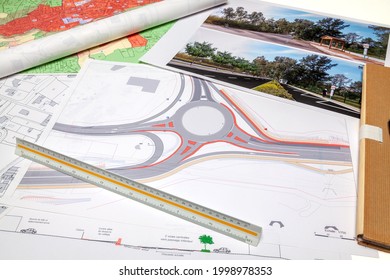 Town planning - Land use planning - Floor plan maps of a roundabout project placed on a desk