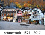 Town square with historical edifices, Alpine architecture. Hallstatt village, Austria, Salzkammergut region