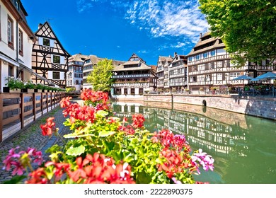 Town of Strasbourg canal and historic architecture in historic Little French quarters, Alsace region of France