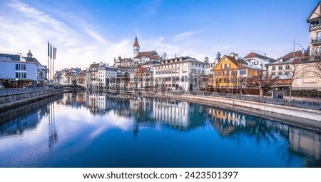 Town of Thun and Aare river reflection panoramic view, Bern region of Switzerland