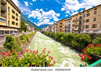 Town of Tirano and Adda river waterfront view, Province of Sondrio, Alps of Italy