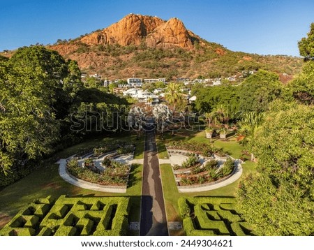 Townsville, Queensland, Australia: Aerial view of the ornamental Queens Gardens with Castle Hill in the background