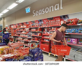 Townsville, Queensland, Australia. December 12, 2020: People Shopping For Christmas At Coles Supermarket.