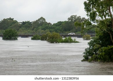 Townsville, Queensland, Australia - February 01 2019:  Rising Flood Waters Threaten Imminent Inundation Of Homes In The Suburb Of Annandale During The 2019 Monsoon Trough That Menaced Townsville.