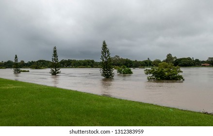 Townsville, Queensland, Australia - February 01 2019:  Rising Flood Waters Threaten Imminent Inundation Of Homes In The Suburb Of Annandale During The 2019 Monsoon Trough That Menaced Townsville.