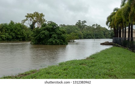 Townsville, Queensland, Australia - February 01 2019:  Rising Flood Waters Threaten Imminent Inundation Of Homes In The Suburb Of Annandale During The 2019 Monsoon Trough That Menaced Townsville.