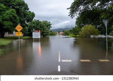 Townsville, Queensland, Australia - February 01 2019:  Rising Flood Waters Threaten Imminent Inundation Of Homes In The Suburb Of Annandale During The 2019 Monsoon Trough That Menaced Townsville.