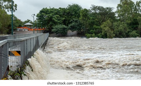 Townsville, Queensland, Australia - February 01 2019:  Rising Flood Waters Threaten Imminent Inundation Of Homes In The Suburb Of Annandale During The 2019 Monsoon Trough That Menaced Townsville.