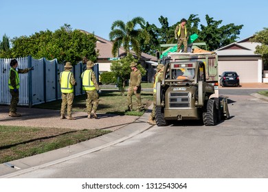 Townsville, Queensland, Australia - February 11 2019:  Army Assisting In The Clean Up Following Flooding From Ross River In Annandale.