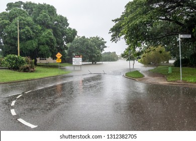 Townsville, Queensland, Australia - January 31 2019:  Rising Flood Waters Threaten Imminent Inundation Of Homes In The Suburb Of Annandale During The 2019 Monsoon Trough That Menaced Townsville.