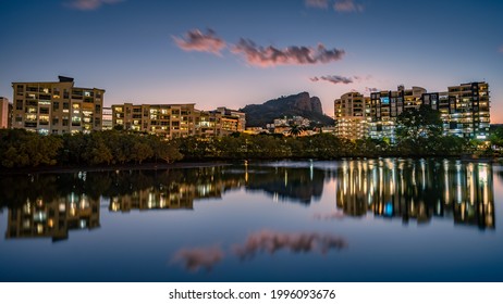 Townsville, Queensland, Australia - May 17, 2021: Town river reflections at sunset in Townsville, Queensland, Australia 
