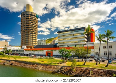 Townsville, Queensland, Australia - May 17, 2021: Riverside Buildings With Grand Chancellor Hotel In The Background