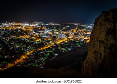 Townsville, Queensland, Australia - May 20, 2021: Panoramic Aerial View Of Townsville Illuminated At Night