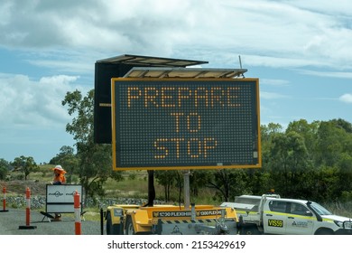 Townsville, Queensland, Australia - May 2022: Prepare To Stop Sign During Roadworks On Highway Construction.