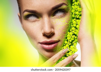 Toxic Infected Woman With Neon Green Veins And Bunch Of Skulls. Woman With Spooky White Eyes