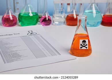 Toxic report for orange juice and colored chemical flasks. Toxicology analysis for food safety of orange drink. Food control of colored fluids. Paper report page of poison component analysis. - Shutterstock ID 2124055289