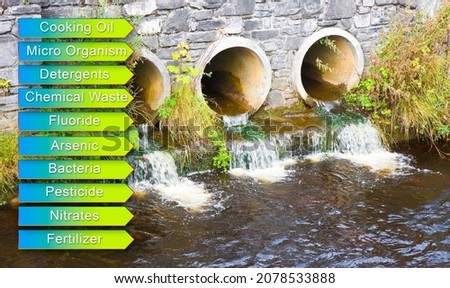 Toxic water running in concrete drainpipe towards the river - concept with text of the most dangerous pollutants 