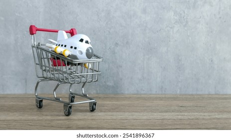 Toy Airplane in Miniature Shopping Cart on Wooden Surface with Gray Background - Powered by Shutterstock