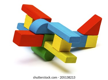 toy airplane, multicolor wooden blocks air plane transport isolated white background