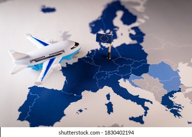 Toy airplane over a map of the on top of a map of the 26 countries that compose the Schengen Zone. Concept of ETIAS or European Travel Information and Authorisation System. Expected to enter into